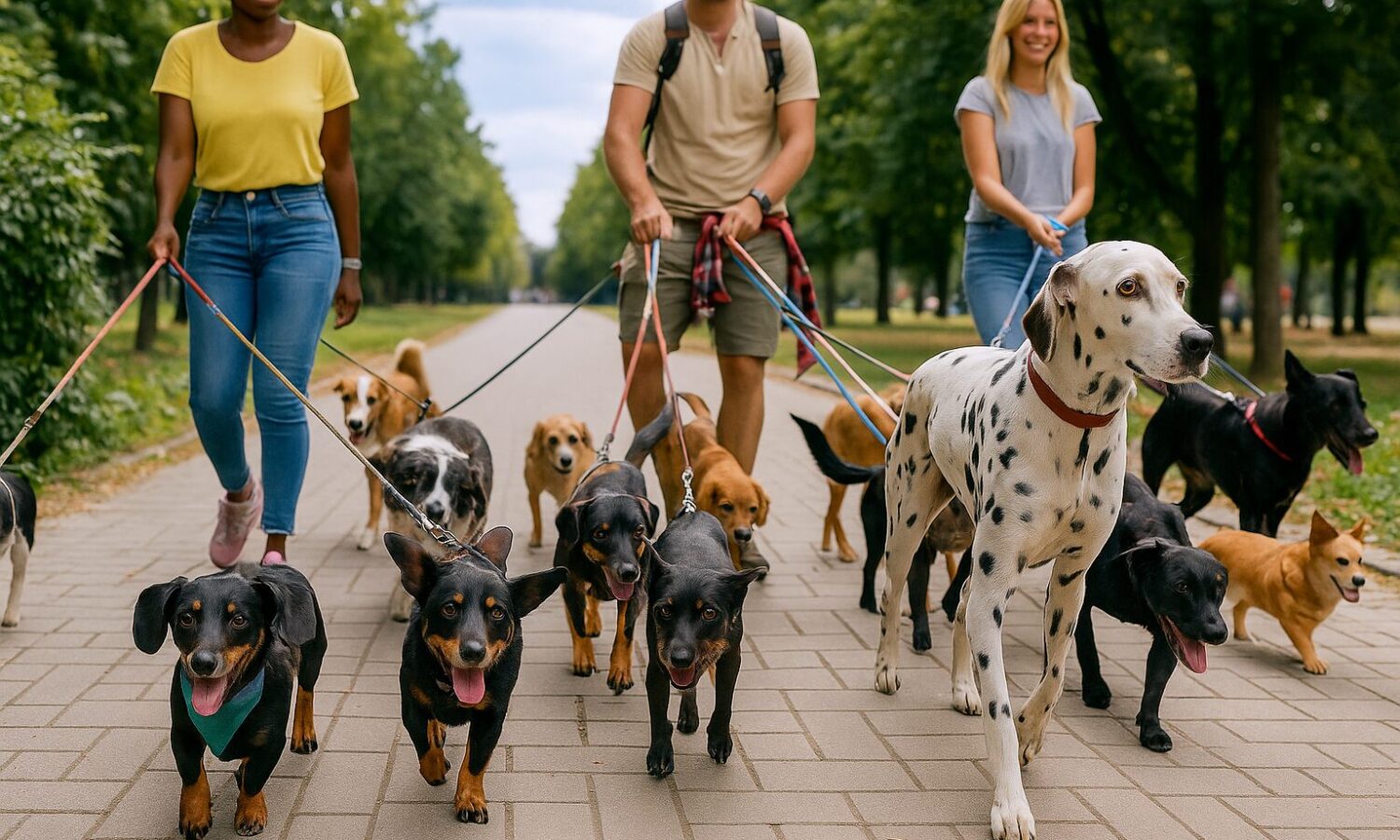 Dog sitter che portano a passeggio tanti cani di diverse taglie e razze